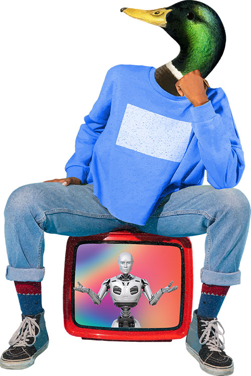 A duck head on a human body sitting on a TV